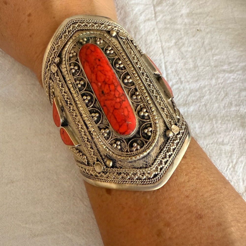 Silver and Red Ornate Cuff Bracelet
